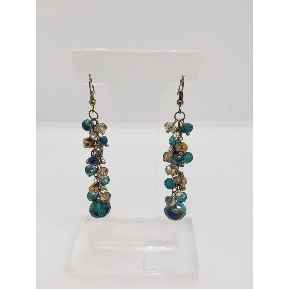 Vintage Dangle Drop Earrings Teal Green Glass Bead Dangle Chandelier Boho